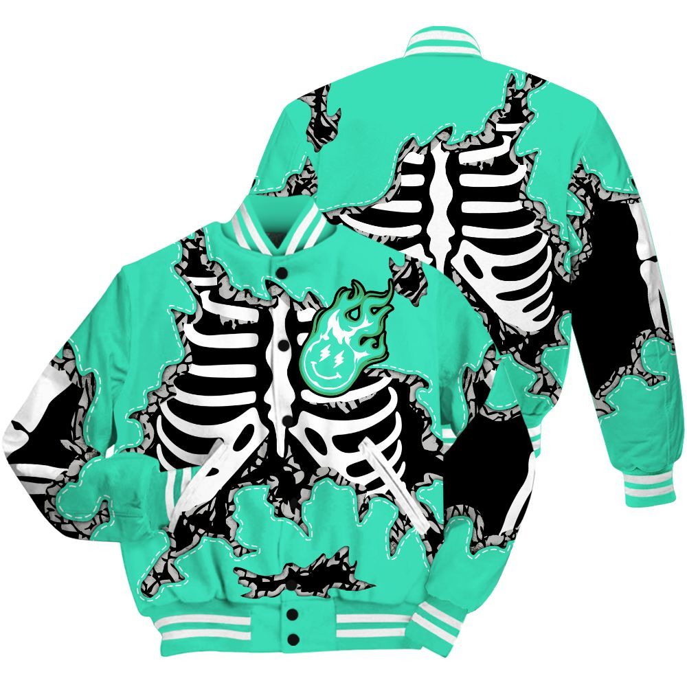 Varsity Jacket To Match Black Green Glow 3s Shirt, Skeleton Smiley Face Green Glow 3s All Over Print