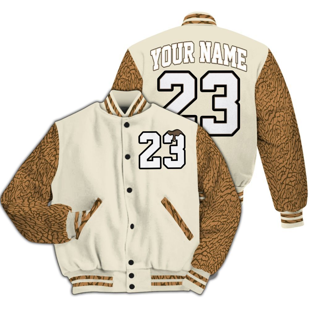 Varsity Jacket To Match Orewood Brown 3s - Custom Name Number 23 Drip All Over Print