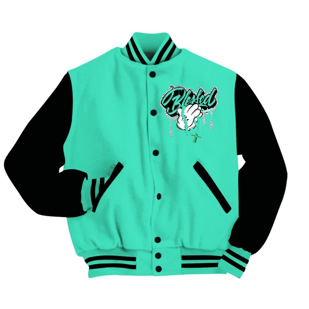 Varsity Jacket To Match Varsity Streetwear Custom Name God Blessed Drip, 3 Green Glow T-Shirt, Sneaker Black Green Glow 3s Baseball Varsity Jacket 1704 NCT