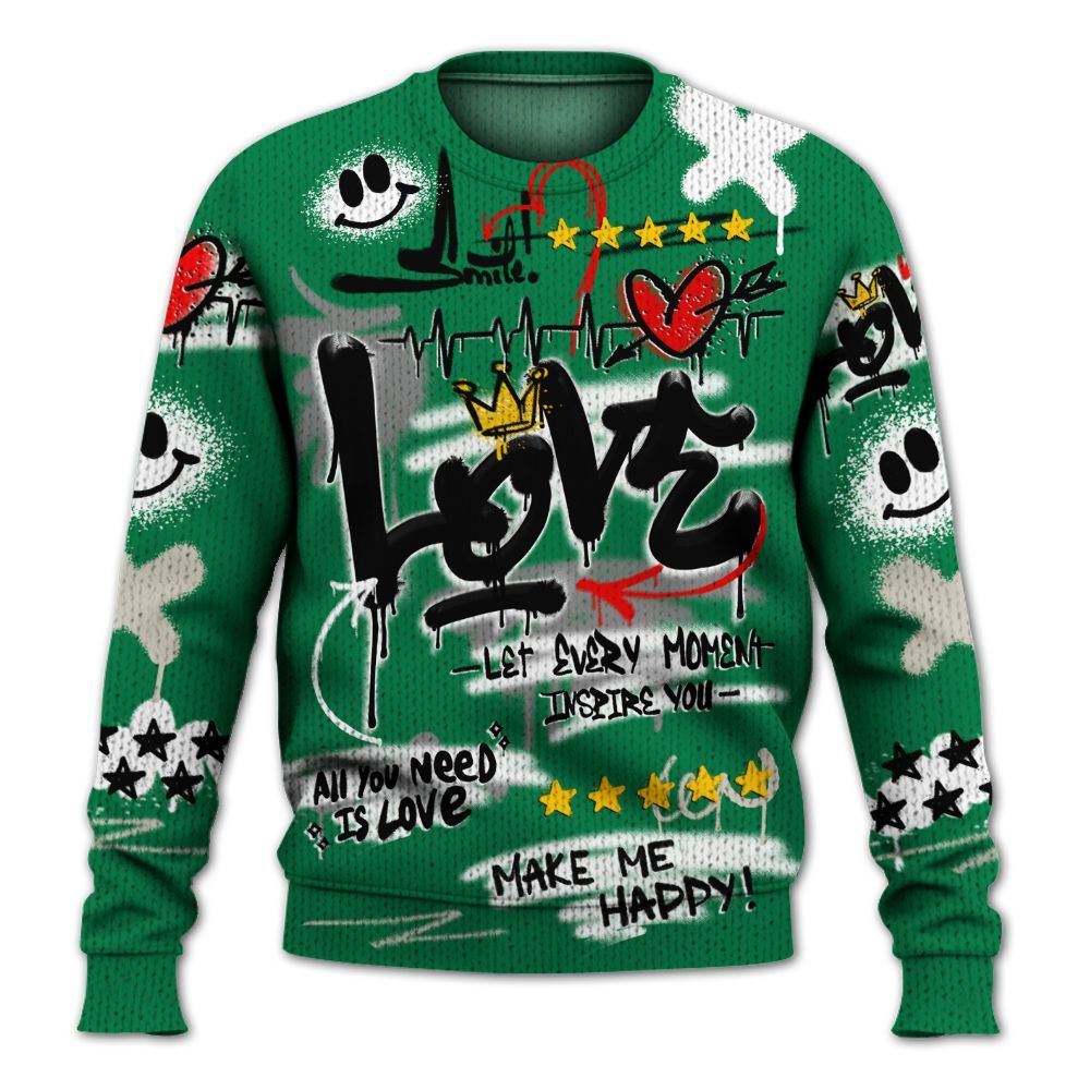 Knitted Sweater To Match Lucky Green 2s - Happy Love Beats Graffiti Streetwear