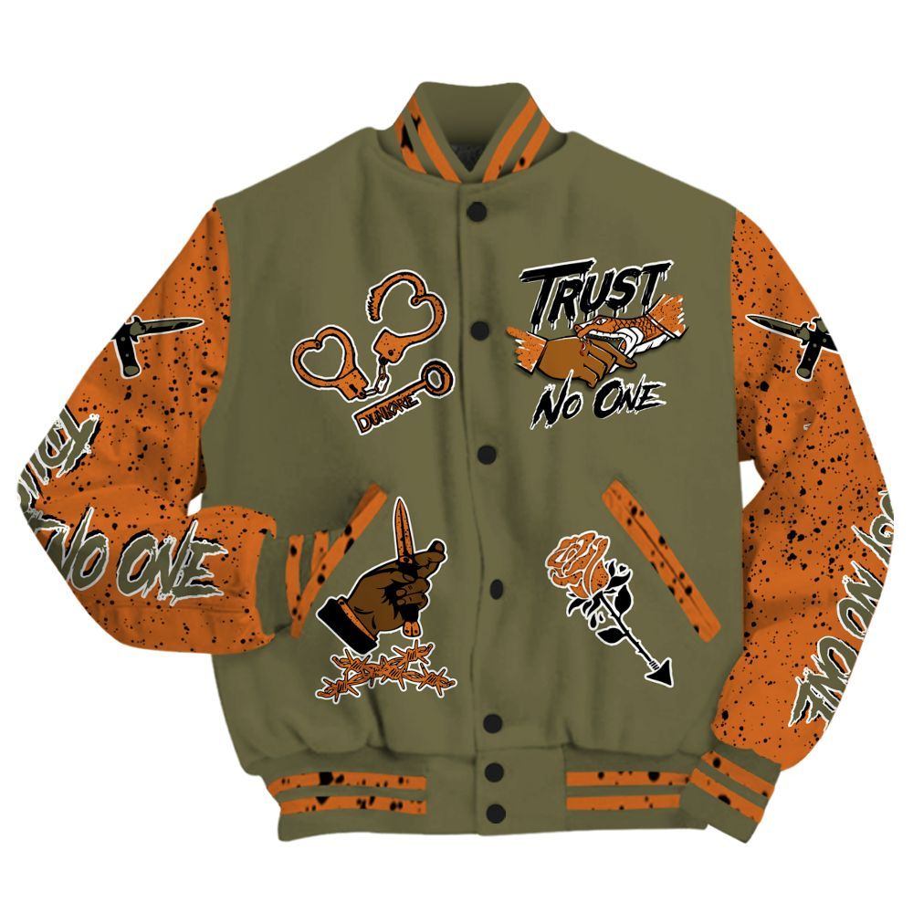 Varsity Jacket To Match Olive 5s - Trust No One Dripping All Over Print