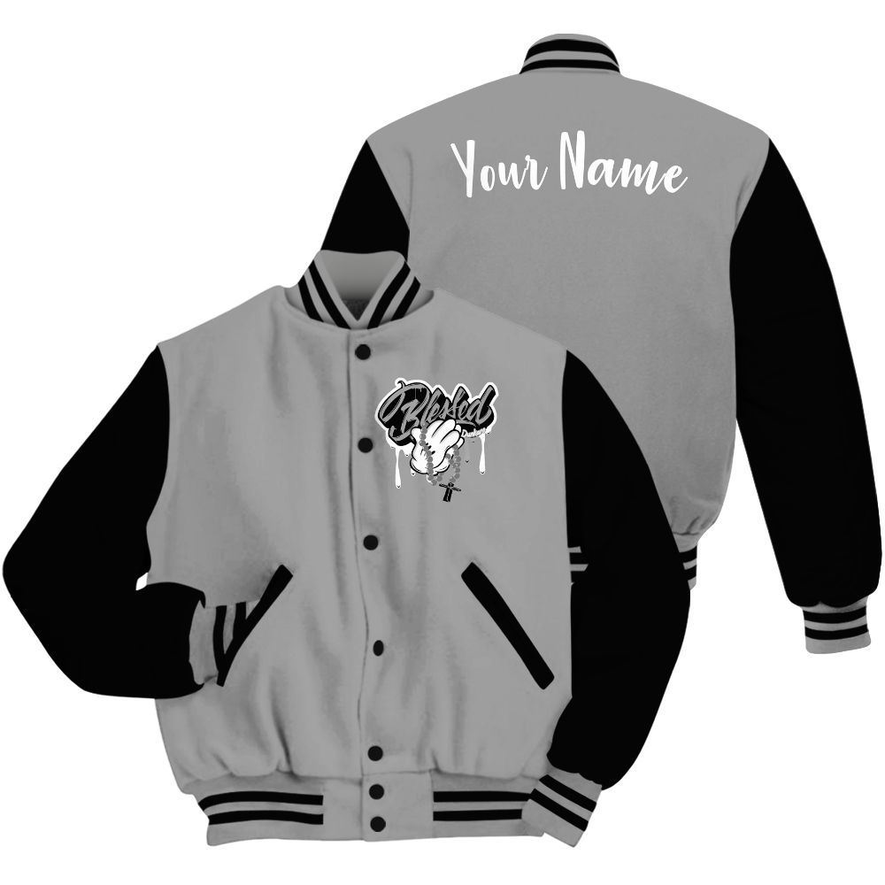 Varsity Jacket To Match Black Wolf Grey 12s - Custom Name God Blessed Drip All Over Print