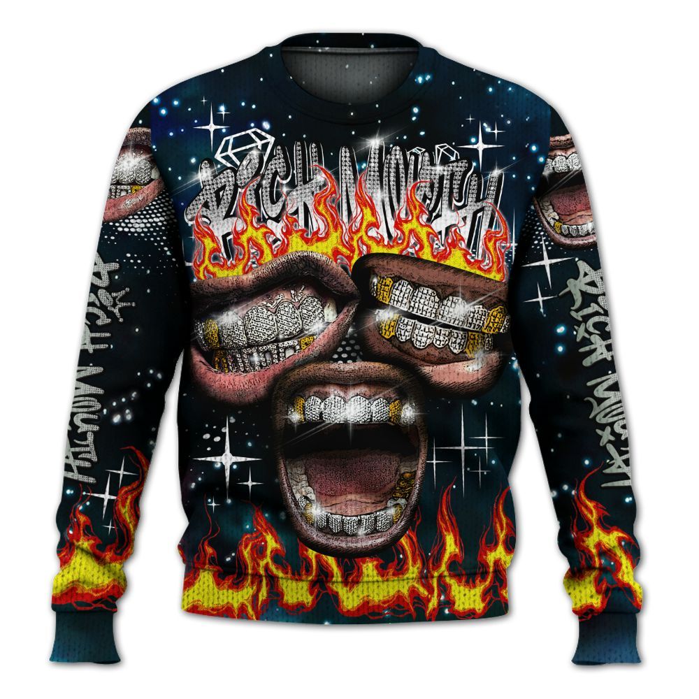 Knitted Sweater To Match Air Foamposite One Galaxy - Rich Mouth Fire Rap Retro 90s