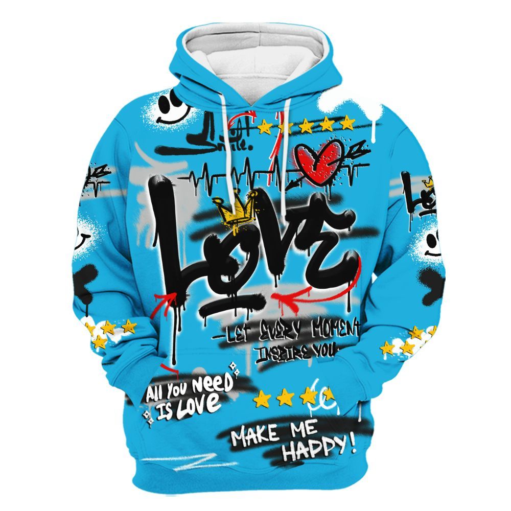 Hoodie To Match Black University Blue 2026 14s - Happy Love Beats Graffiti Streetwear All Over Print
