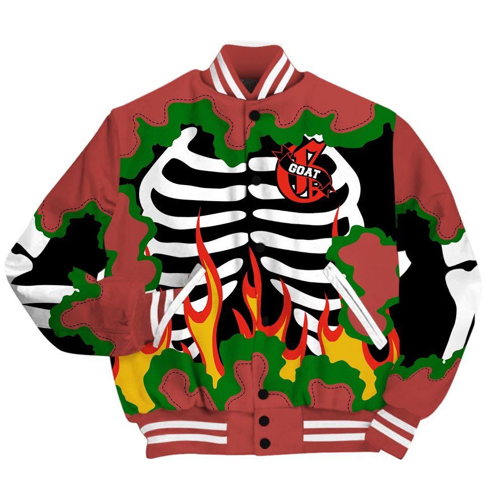 Varsity Jacket To Match Dune Red 13s - G.O.A.T 23 Skeleton Flame Baseball Varsity Jacket Outfit