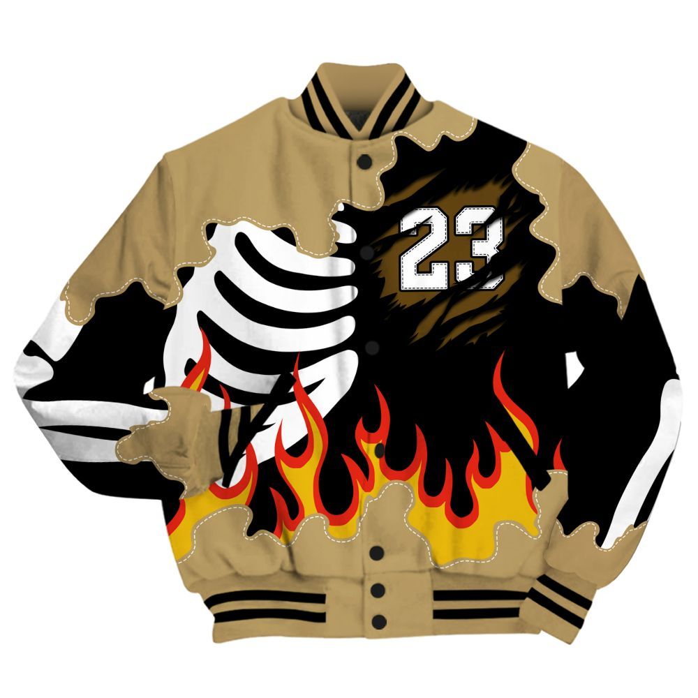 Varsity Jacket To Match High OG Black Metallic Gold 1s - Burning Skeleton 23 G.O.A.T All Over Print