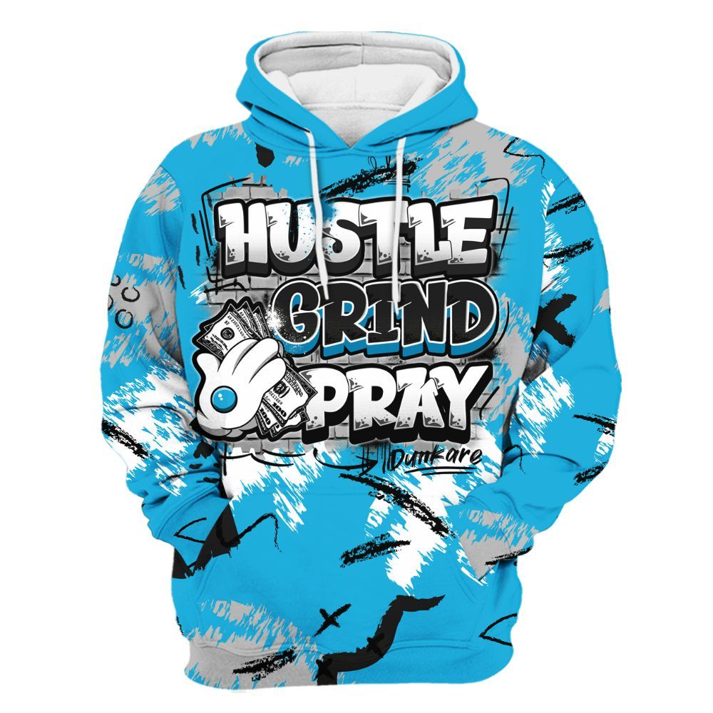 Hoodie To Match Black University Blue 2026 14s - Hustle Grind Pray Graphic Street Style All Over Print