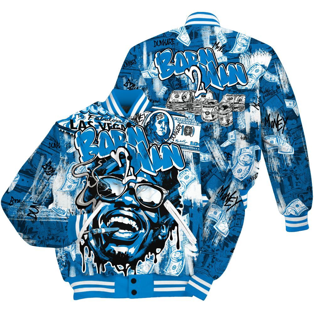 Varsity Jacket To Match Industrial Blue 4s Shirt, Born To Win Money Military Blue 4s All Over Print