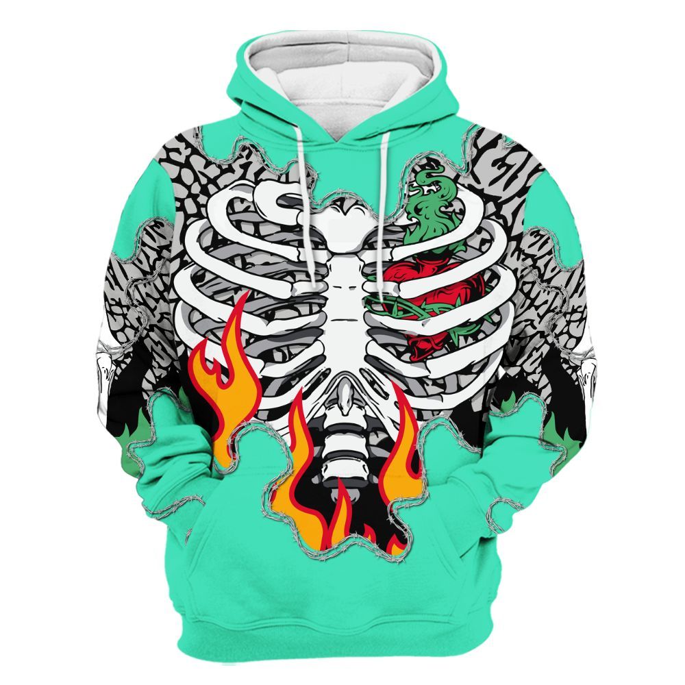 Hoodie To Match Black Green Glow 3s - Skeleton Heart On Fire Green Glow 3s All Over Print