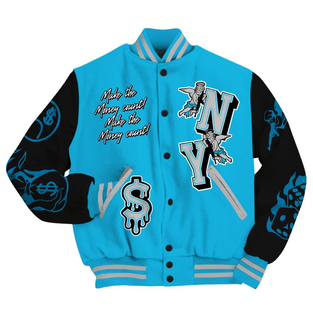 Varsity Jacket To Match Black University Blue 2026 14s - Paid In Full Money Graphic Varsity Jacket All Over Print