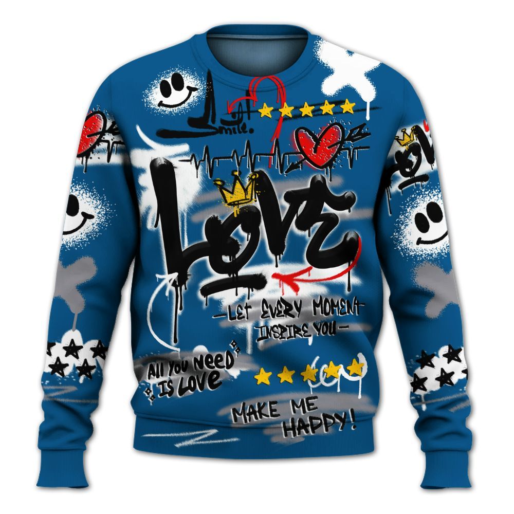 Sweatshirt To Match High OG True Blue 1s - Happy Love Beats Graffiti Streetwear All Over Print