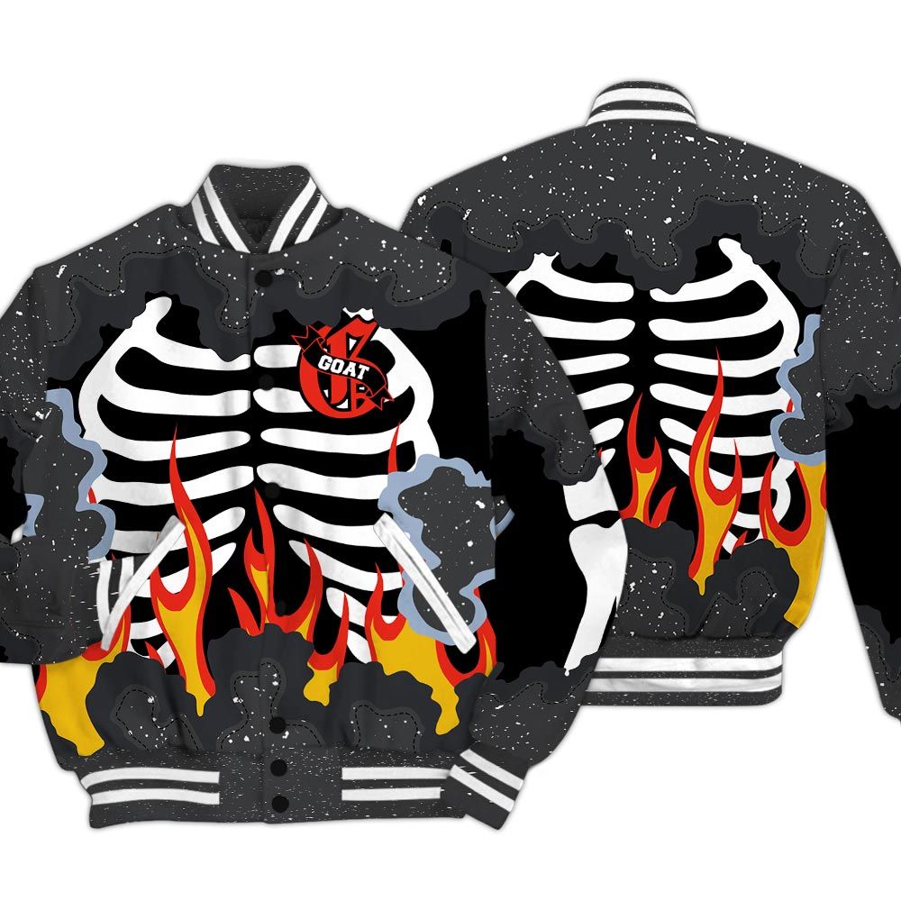 Varsity Jacket To Match Reverse Black White 6s - G.O.A.T 23 Skeleton Flame Baseball Varsity Jacket Outfit