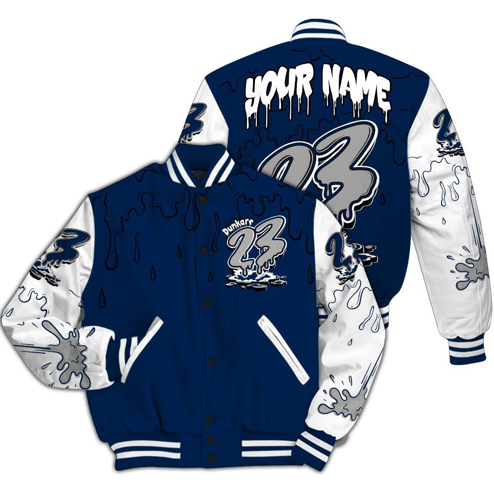 Varsity Jacket To Match SB White Navy 4s - Custom Name 23 Drip All Over Print