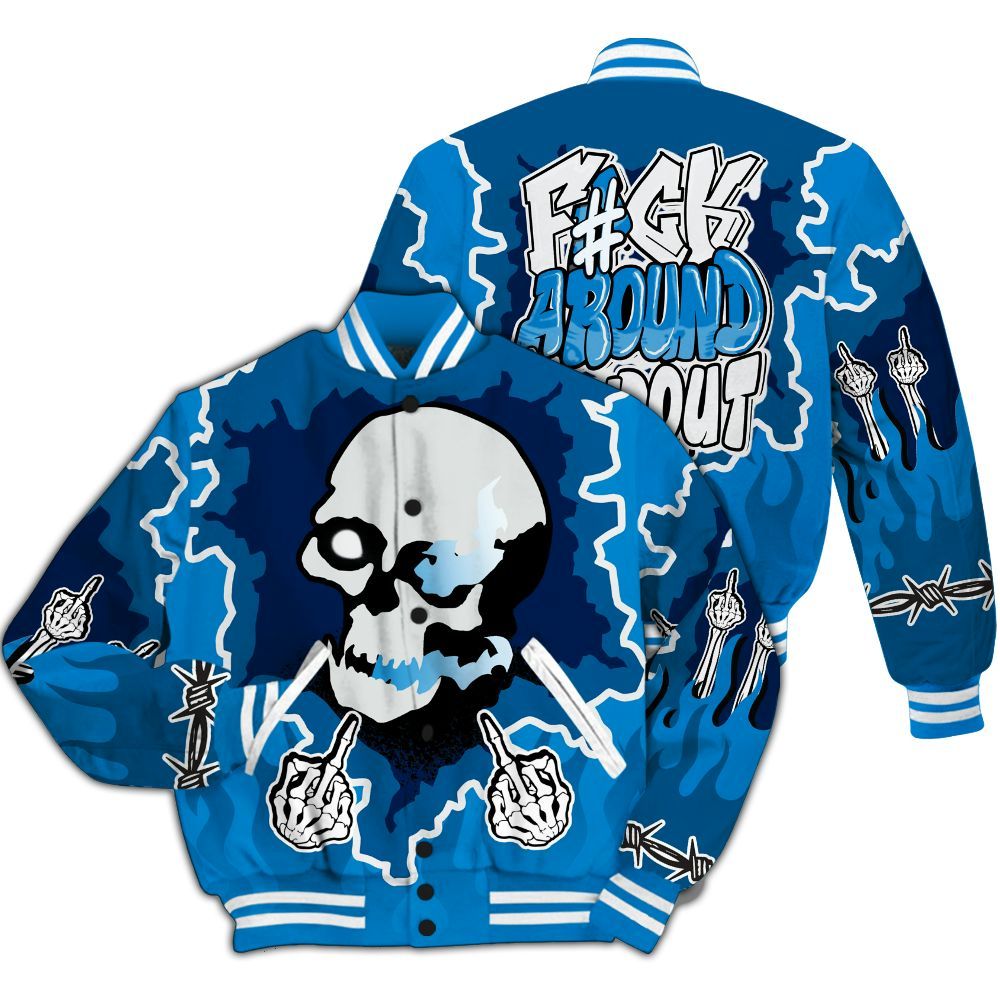 Varsity Jacket To Match Industrial Blue 4s - F Around Find Out Graphic Trapped All Over Print