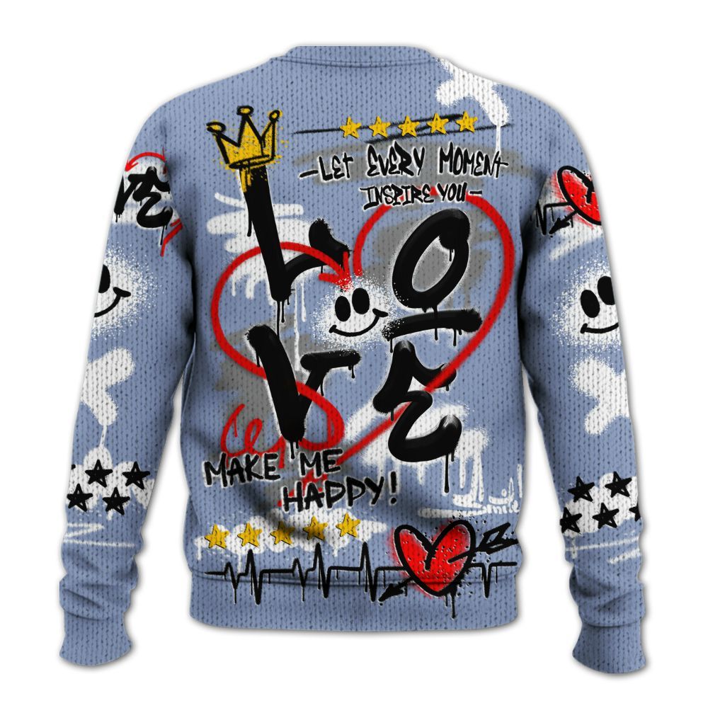 Knitted Sweater To Match Retro Blue Grey 13s - Happy Love Beats Graffiti Streetwear