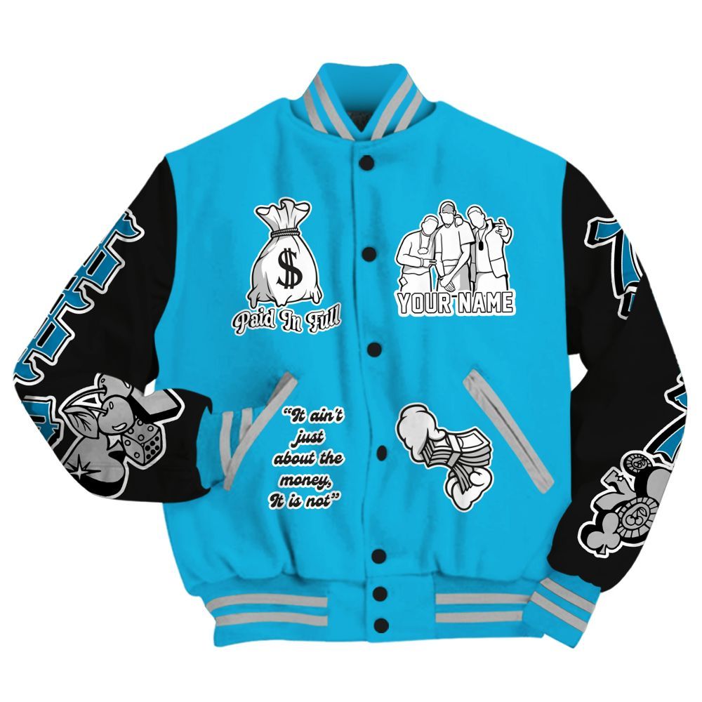 Varsity Jacket To Match Black University Blue 2026 14s - Paid In Full Baseball Varsity Jacket Custom Name All Over Print