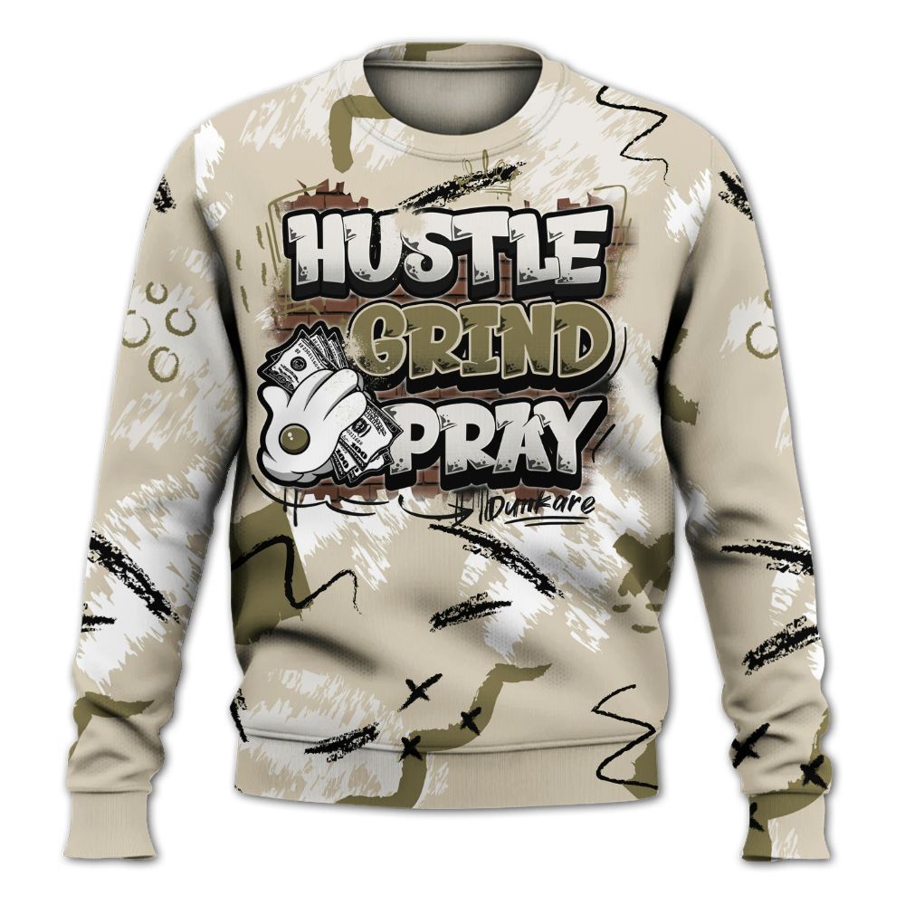 Sweatshirt To Match Sail Neutral Olive 6s - Hustle Grind Pray Graphic Street Style All Over Print