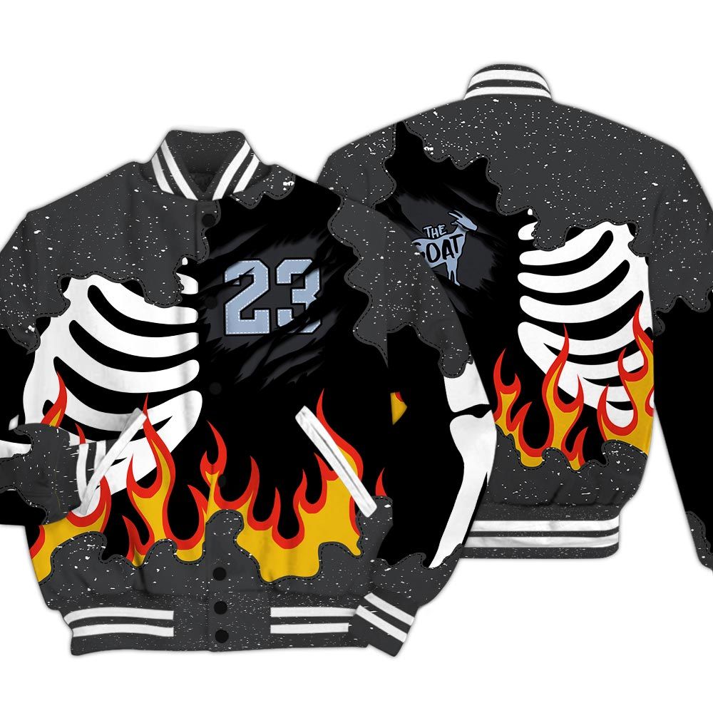 Varsity Jacket To Match Reverse Black White 6s - Burning Skeleton 23 G.O.A.T Baseball Varsity Jacket Outfit