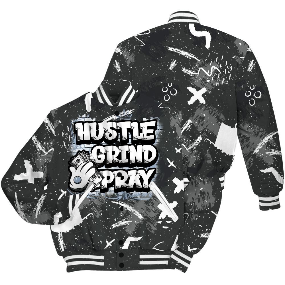 Varsity Jacket To Match Reverse Black White 6s - Hustle Grind Pray Retro All Over Print