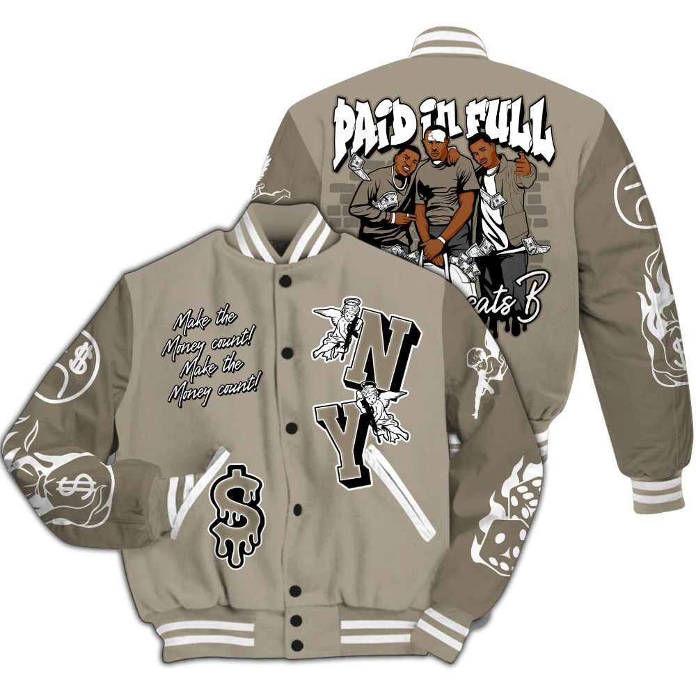 Varsity Jacket To Match High OG Khaki 1s - Paid In Full Money Graphic Varsity Jacket All Over Print