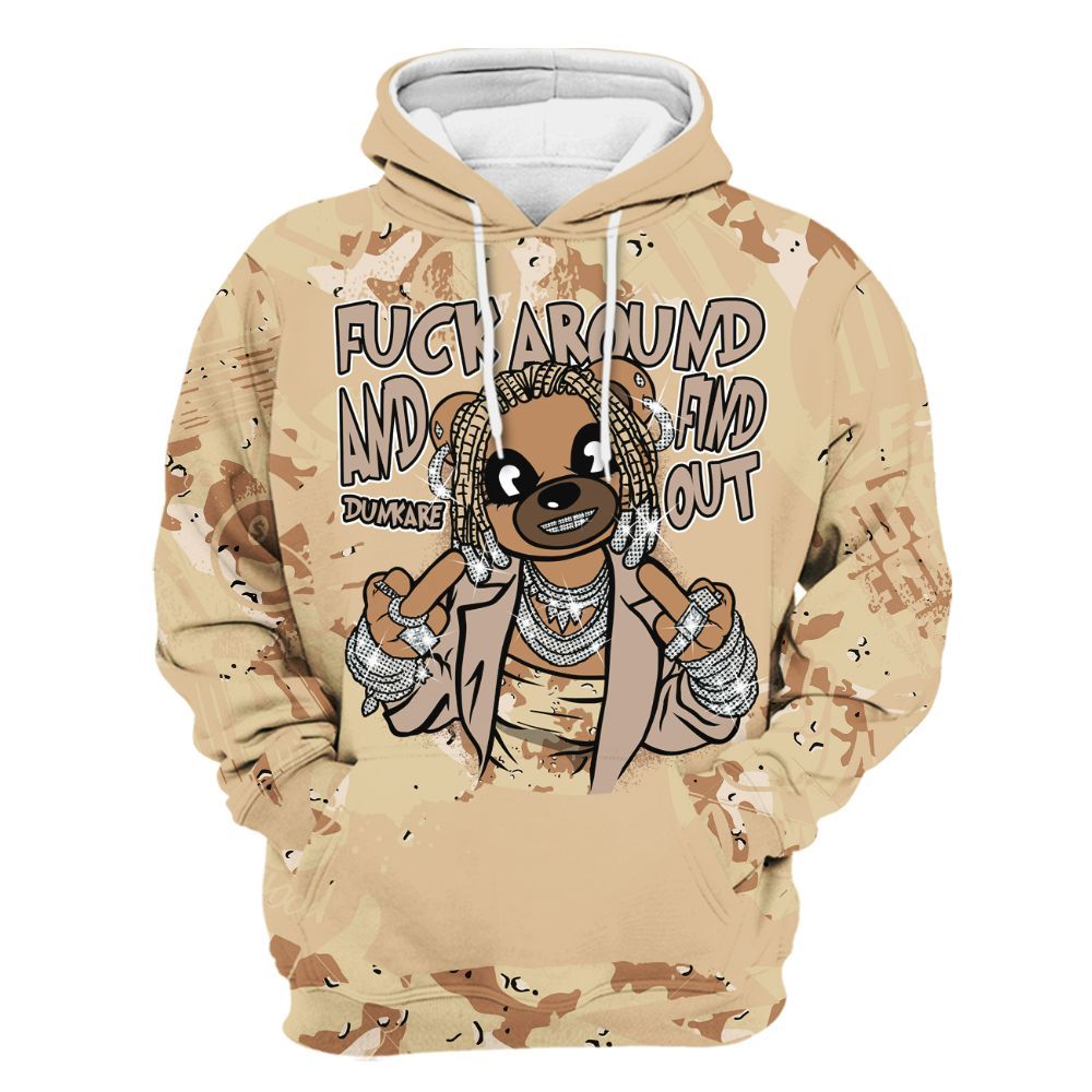 Hoodie To Match Desert Camo 3s - F#ck Around Bear Bear Monogram Graffiti All Over Print