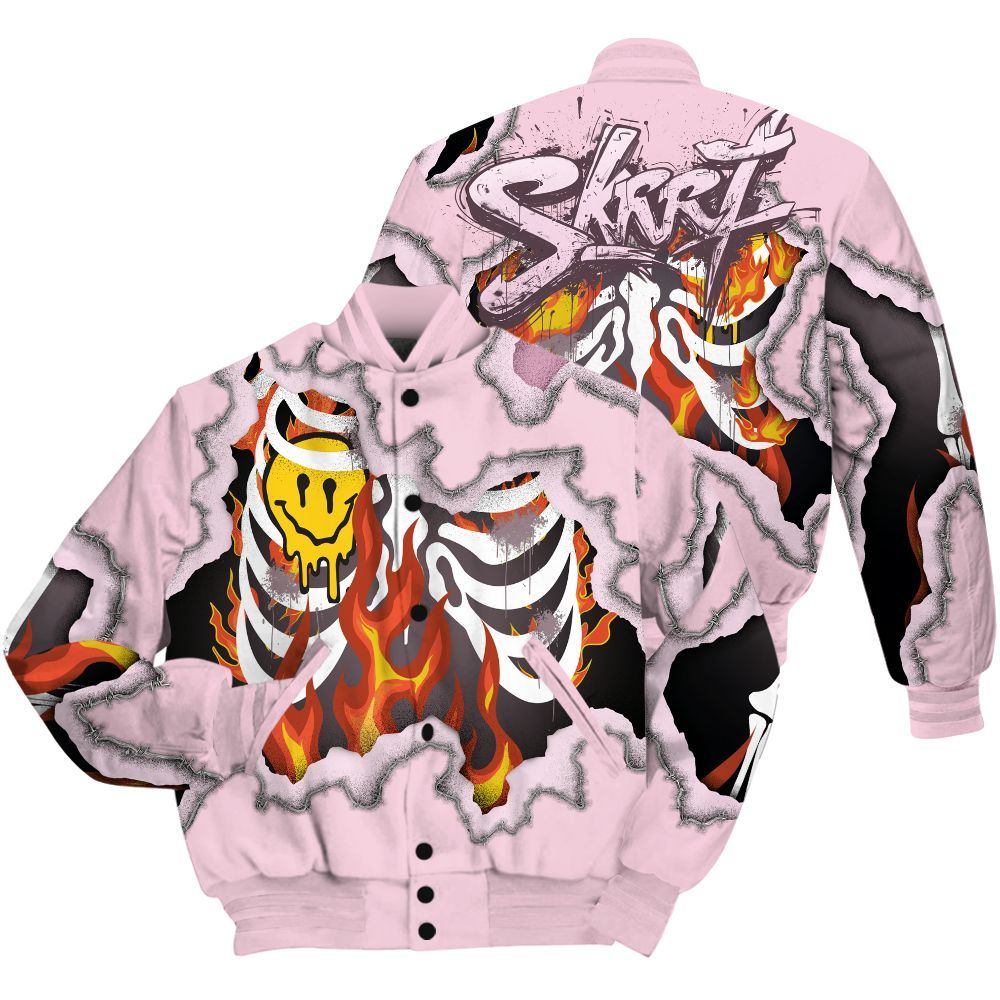 Varsity Jacket To Match Orchid 4s Shirt, Skeleton On Fire Skrrt All Over Print