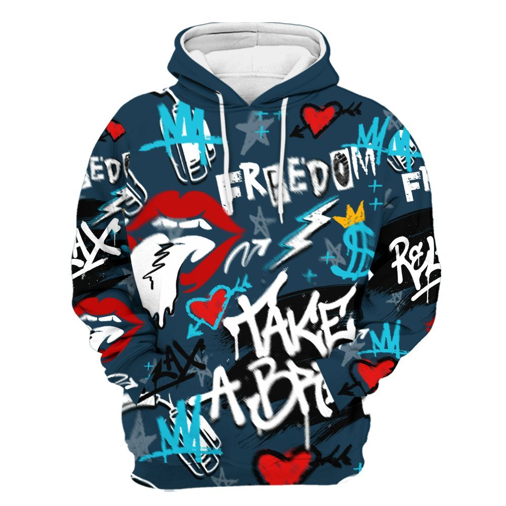 Hoodie To Match Air Navy Baltic Blue - Take Break Freedom Graffiti Streetwear All Over Print