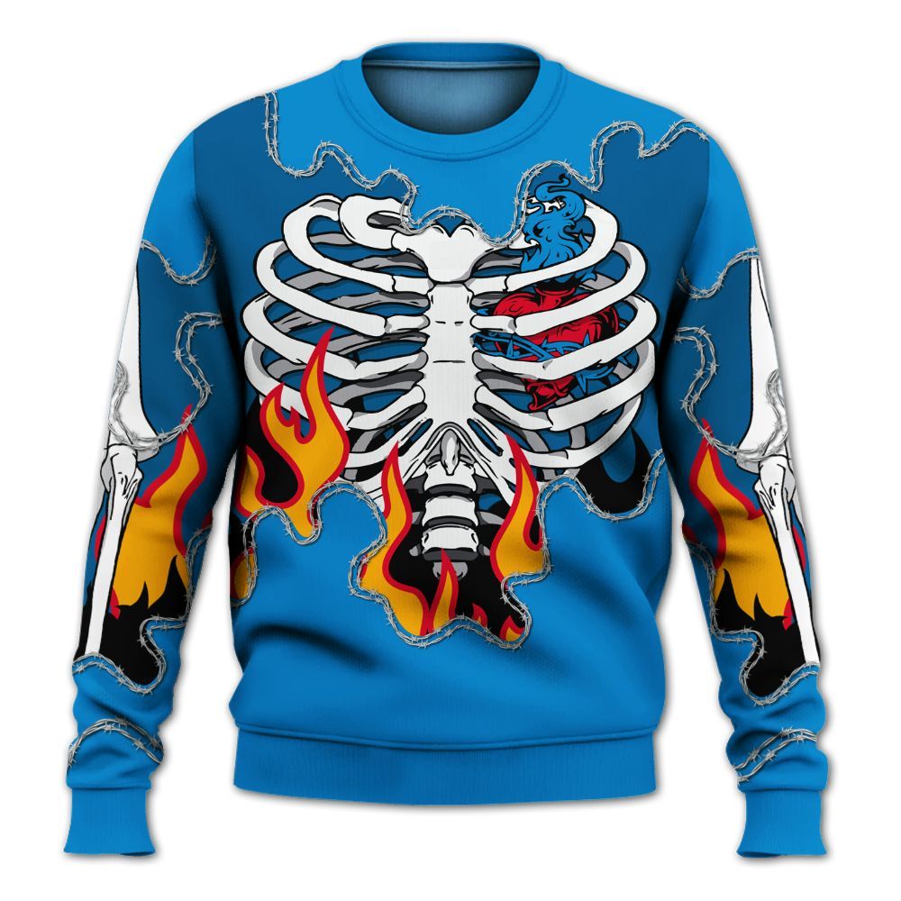 Sweatshirt To Match Industrial Blue 4s - Skeleton Heart On Fire Military Blue 4s All Over Print