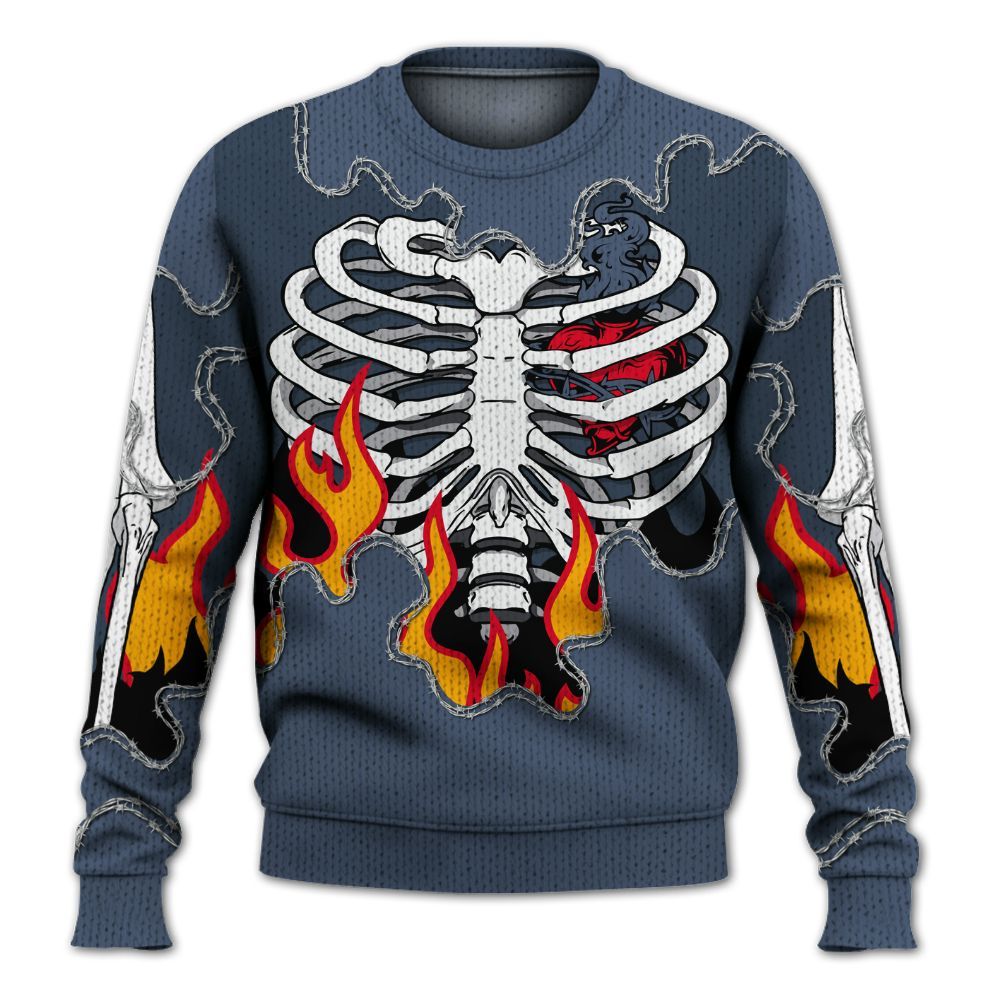 Knitted Sweater To Match Low Diffused Blue 11s - Skeleton Heart On Fire
