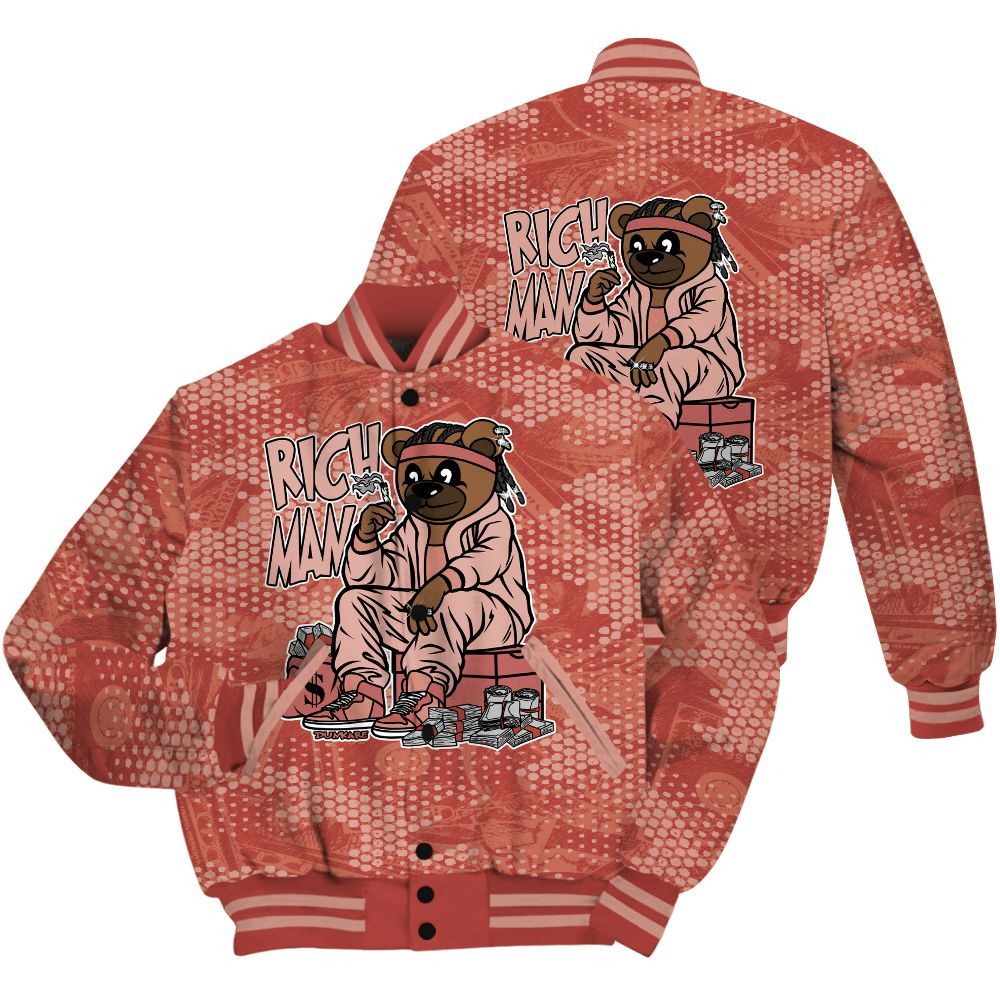 Varsity Jacket To Match Dune Red 13s Shirt - Rich Man Bear Banknotes Art All Over Print