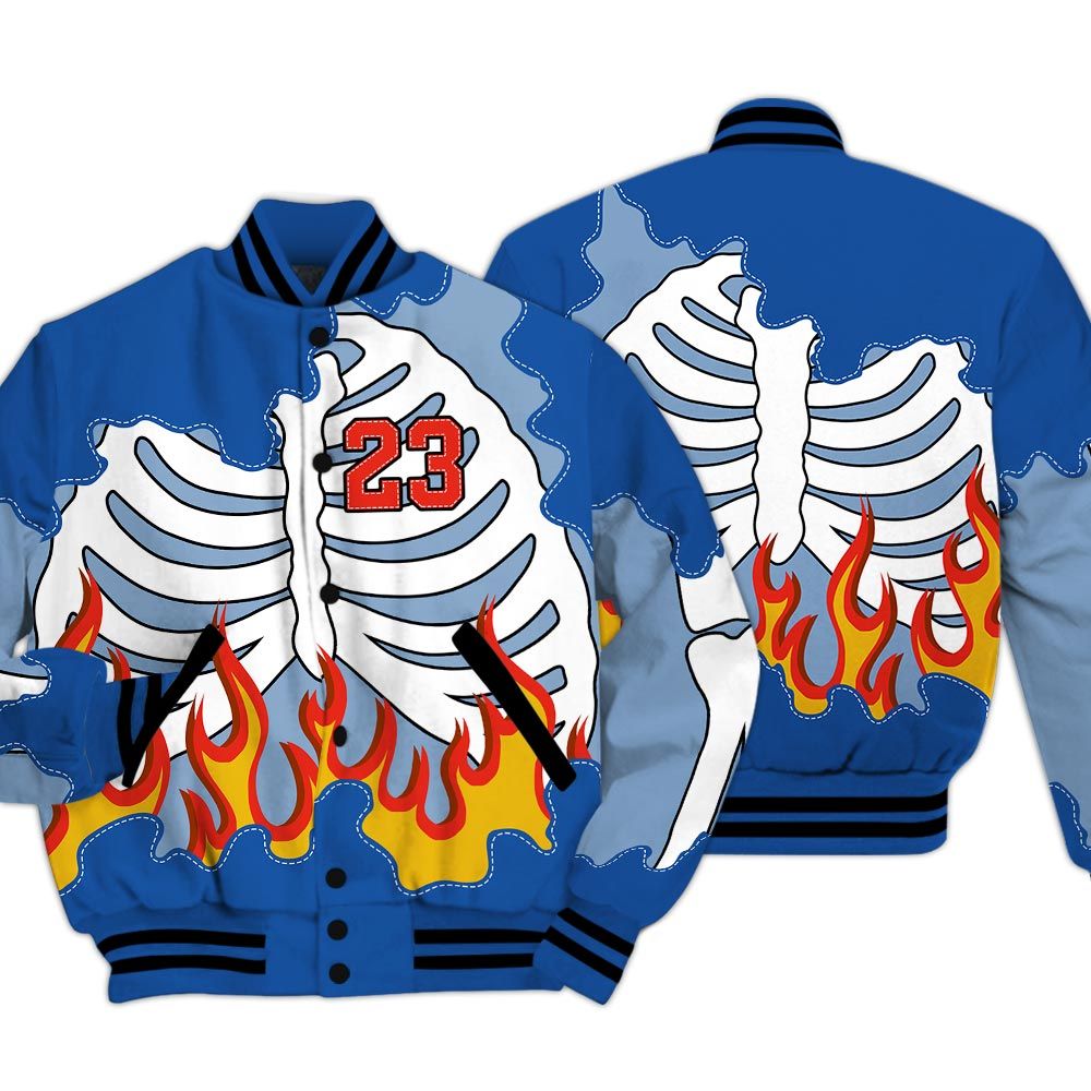 Varsity Jacket To Match Low Space Royal 11s - Number 23 Skeleton Flame Baseball Varsity Jacket