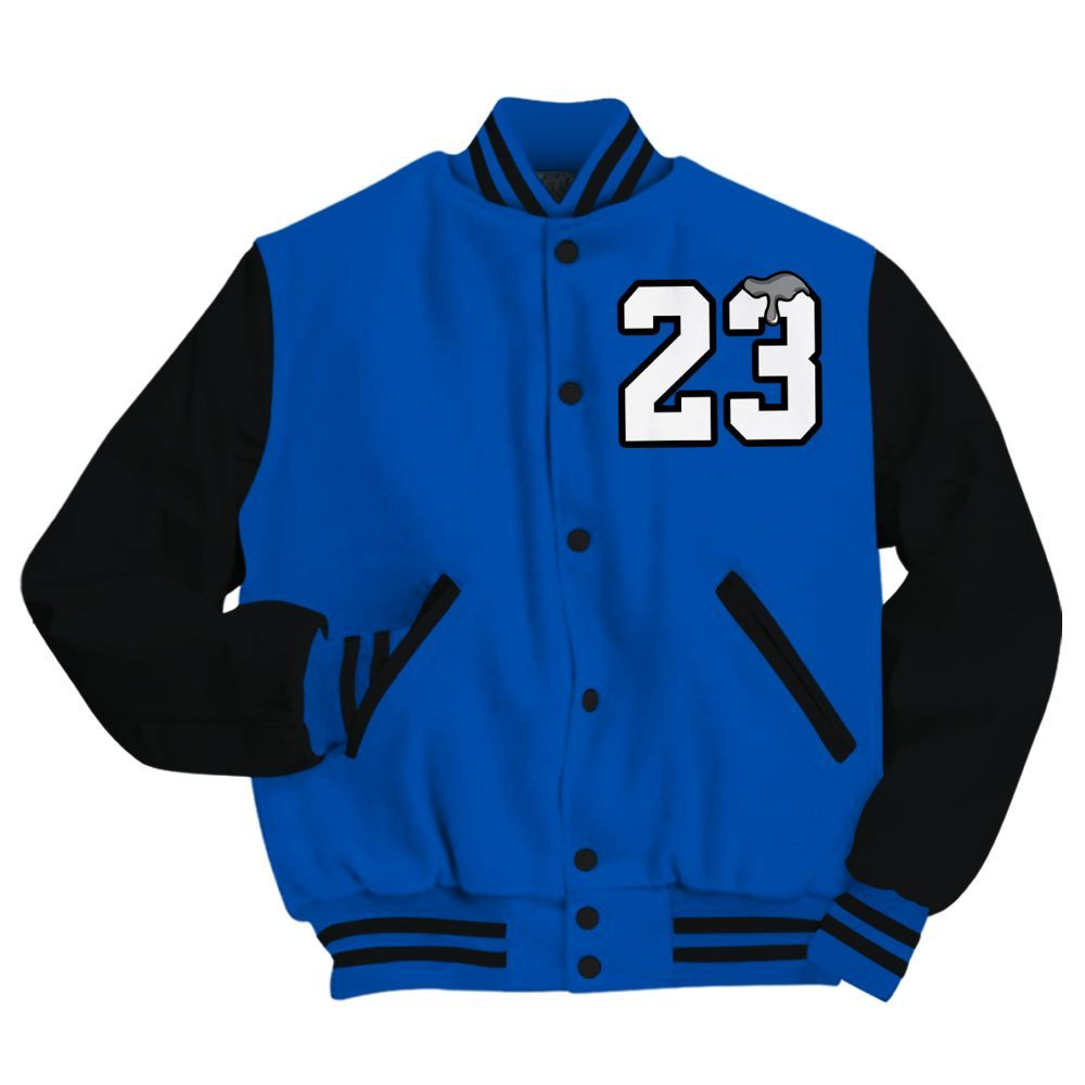 Varsity Jacket To Match Racer Blue 5s - Custom Name Number 23 Drip All Over Print