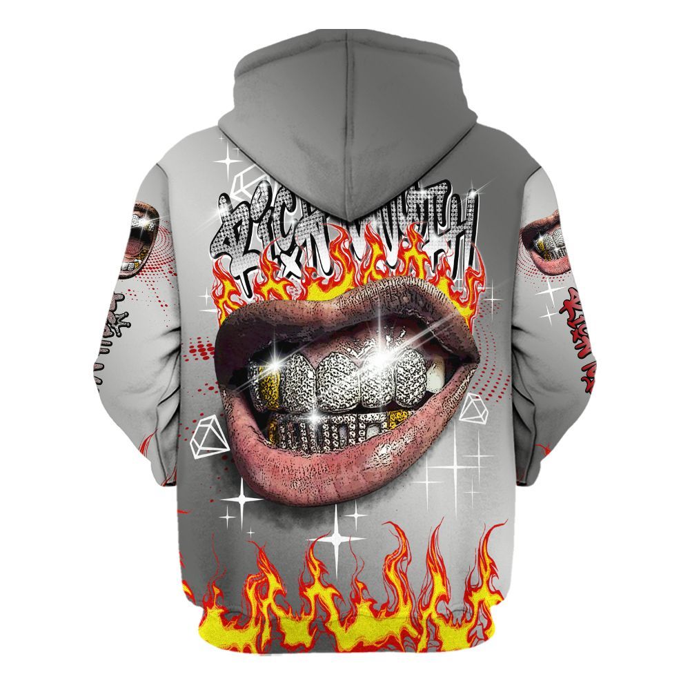 Hoodie To Match Metallic Silver 14s - Rich Mouth Fire Rap Retro 90s All Over Print