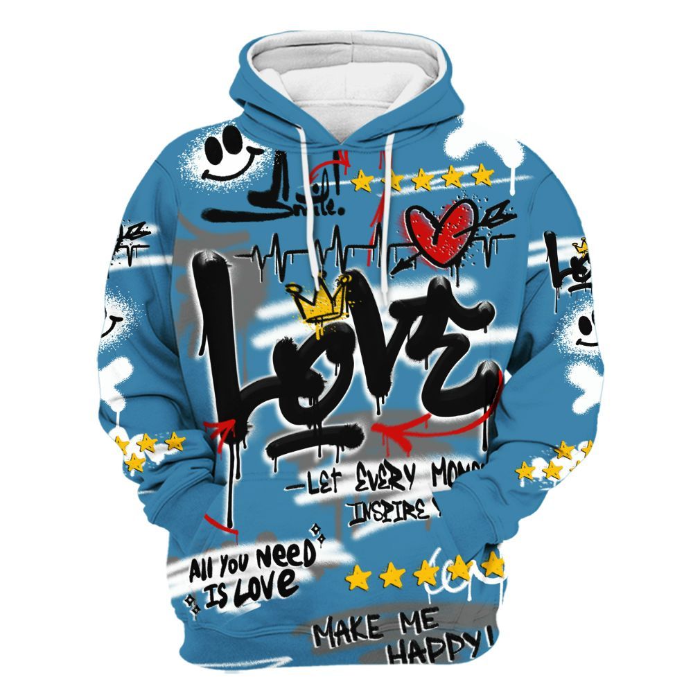 Hoodie To Match High OG UNC Reimagined 1s - Happy Love Beats Graffiti Streetwear All Over Print