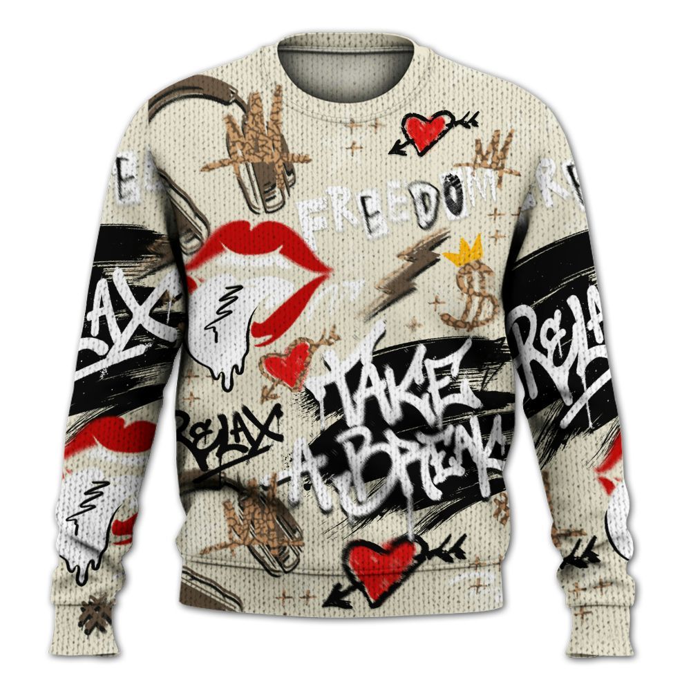 Knitted Sweater To Match Orewood Brown 3s - Take Break Freedom Graffiti Streetwear