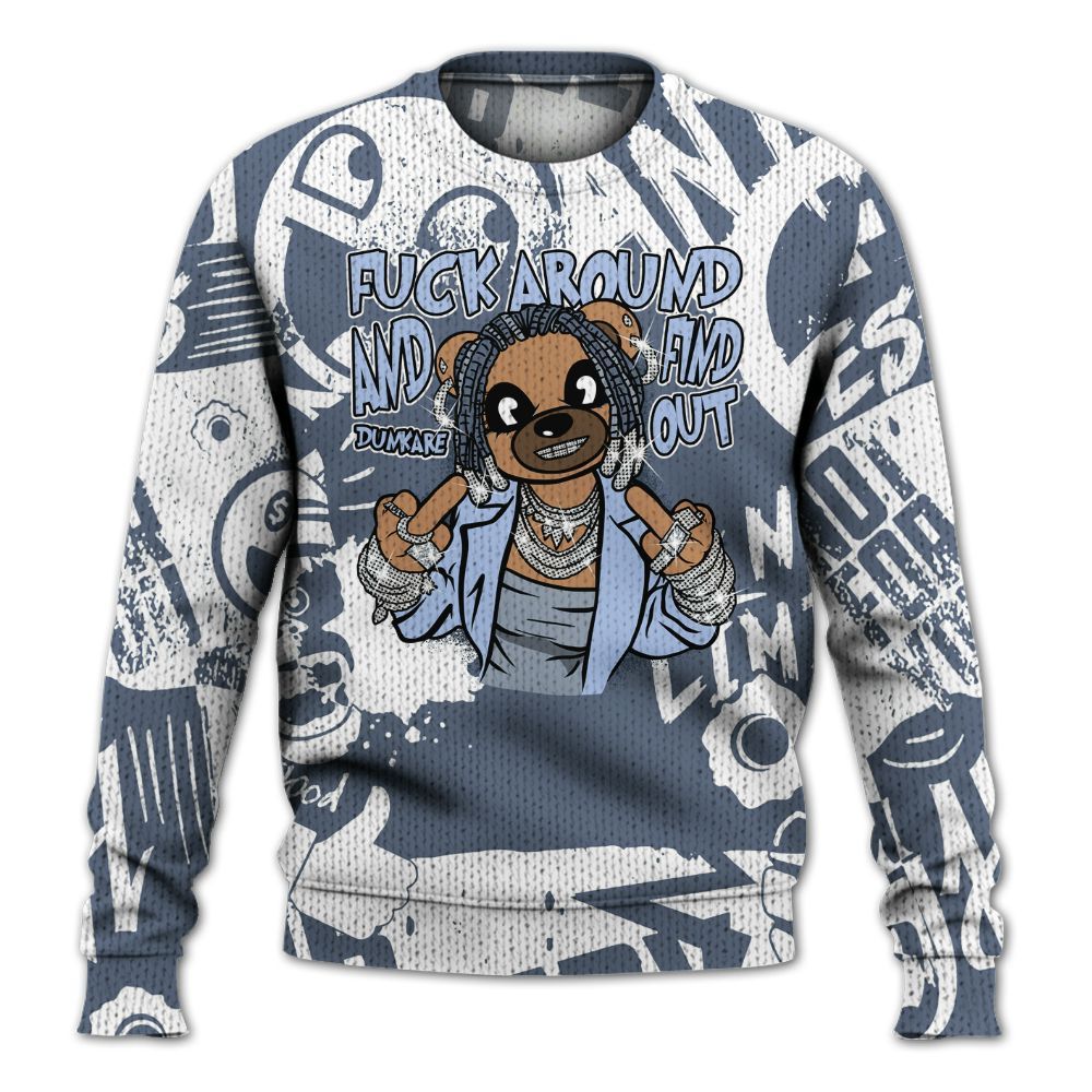 Knitted Sweater To Match Low Diffused Blue 11s - F#ck Around Bear Bear Monogram Graffiti