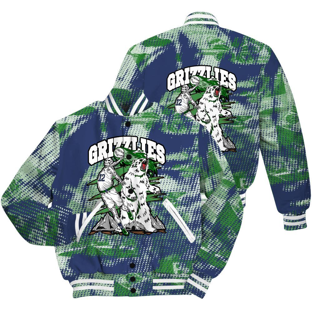 Varsity Jacket To Match Midnight Navy 13s Shirt - Grizzly Bear Skeleton Brown Sugar All Over Print