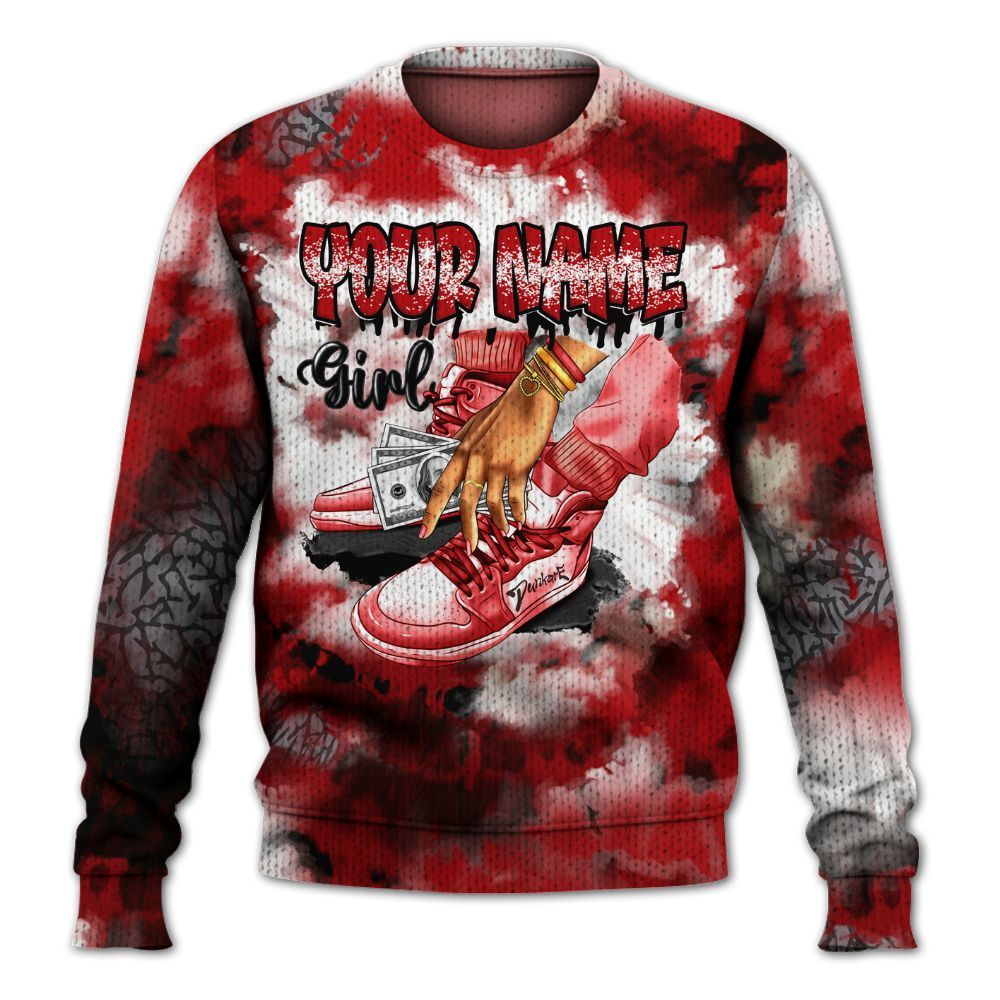 Knitted Sweater To Match Cement Grey 3s - Custom Name SNEAKER Girl Money Drip Tie Dye