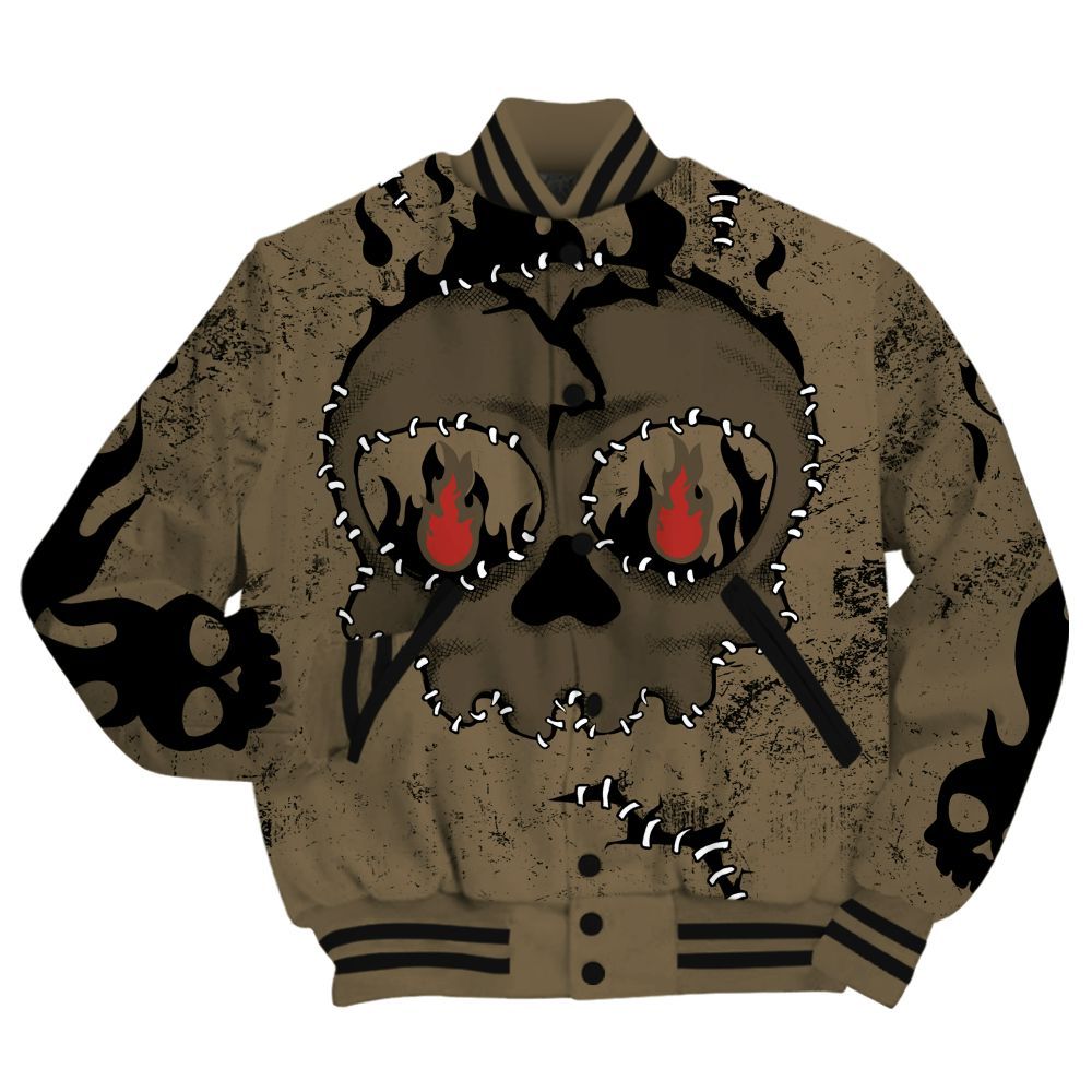 Varsity Jacket To Match Olive 9s Shirt, Cracked Skull Stitches All Over Print