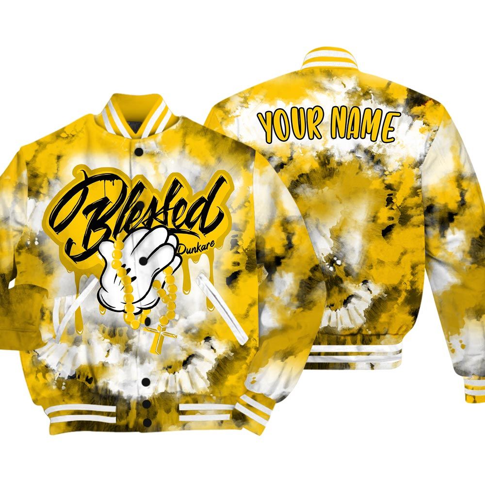 Varsity Jacket To Match Varsity Streetwear God Blessed Drip Tie Dye, Vivid Sulfur 4s T-Shirt, Match Sneaker Vivid Sulfur 4s Baseball Varsity Jacket 1704 NCT