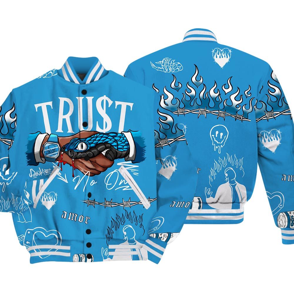 Varsity Jacket To Match Varsity Streetwear Snake Trust No One, Powder Blue 9s T-Shirt, Sneaker Powder Blue 9s Baseball Varsity Jacket 1604 NCT