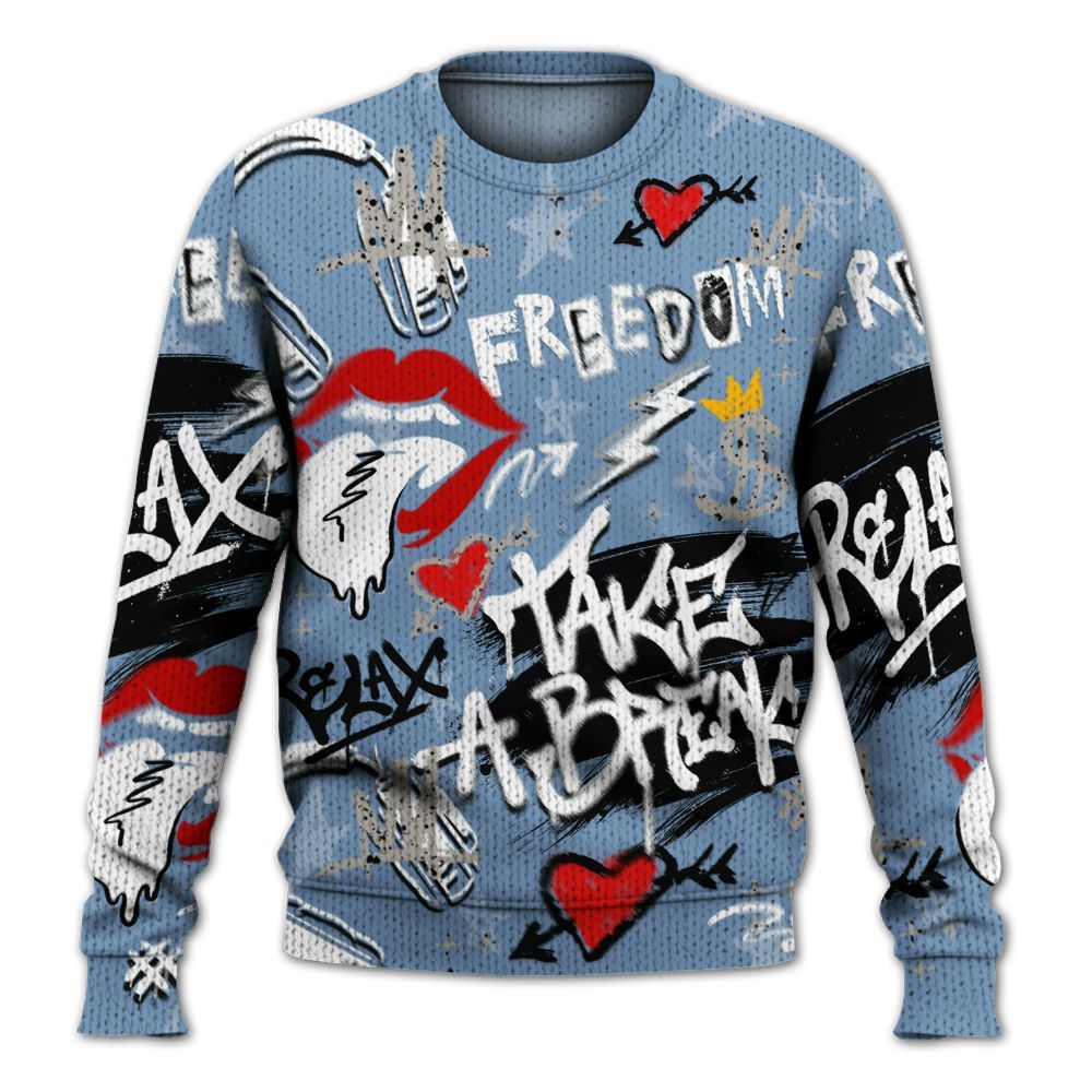 Knitted Sweater To Match University Blue 4s - Take Break Freedom Graffiti Streetwear