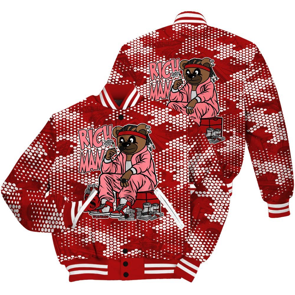 Varsity Jacket To Match Red Taxi 12s Shirt - Rich Man Bear Banknotes Art All Over Print
