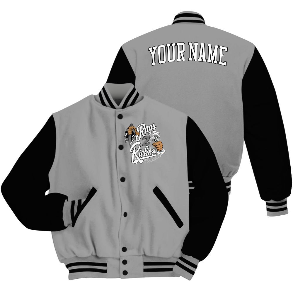Varsity Jacket To Match Black Wolf Grey 12s - Custom Name Rag 2 Riches All Over Print