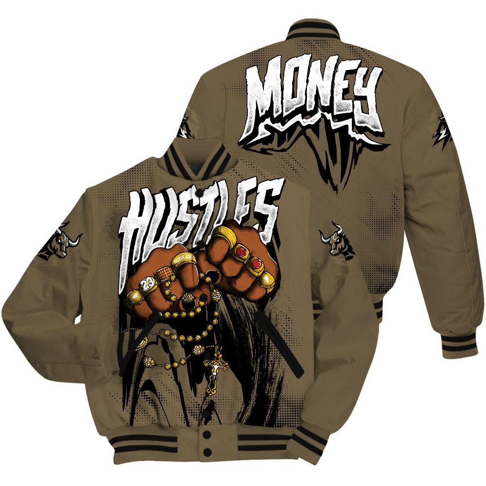 Varsity Jacket To Match Olive 9s - Hustle Make Money All Over Print