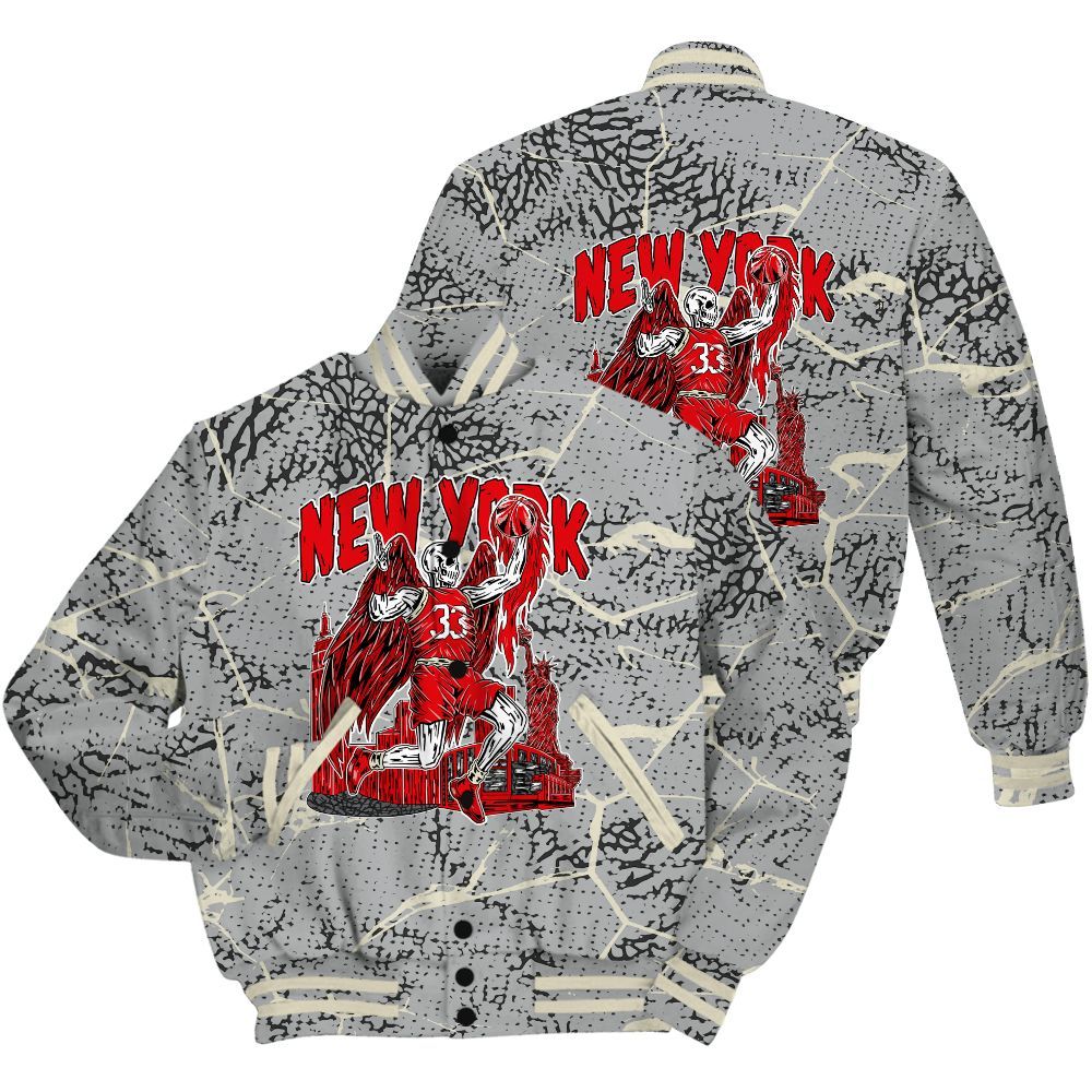Varsity Jacket To Match Cement Grey 3s Shirt - Ewing Era Skeleton Crack All Over Print