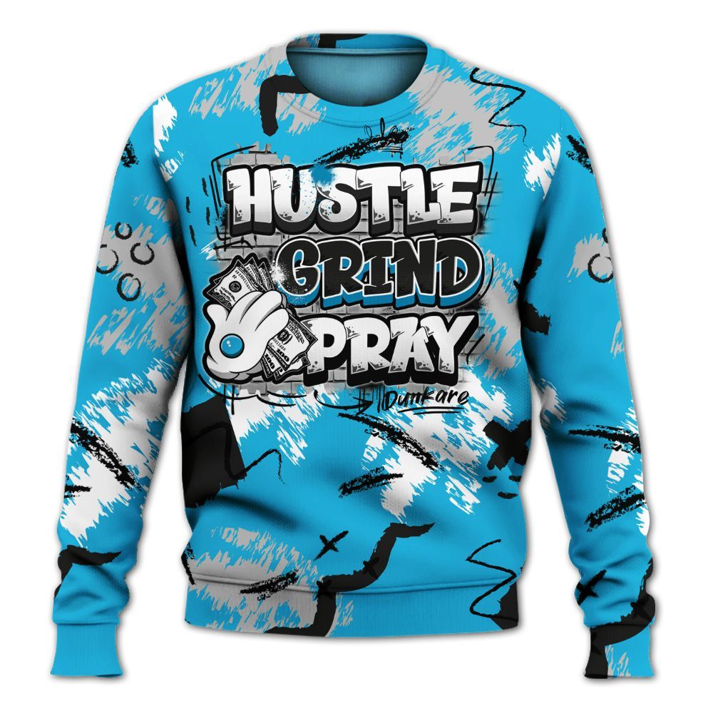 Sweatshirt To Match Black University Blue 2026 14s - Hustle Grind Pray Graphic Street Style All Over Print