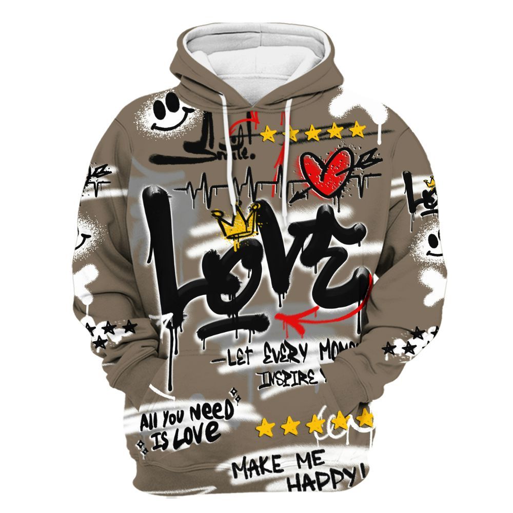 Hoodie To Match Low OG Dark Mocha 1s - Happy Love Beats Graffiti Streetwear All Over Print