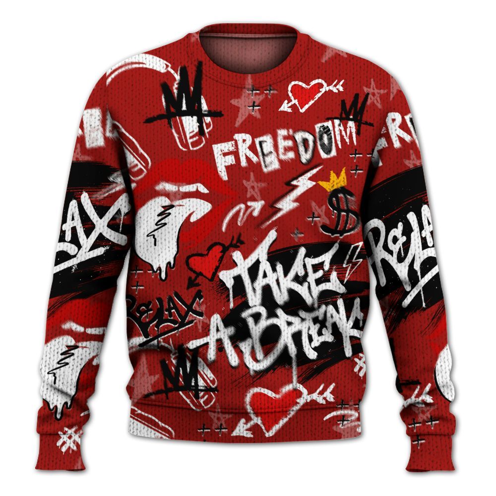 Knitted Sweater To Match High OG Varsity Red 1s - Take Break Freedom Graffiti Streetwear