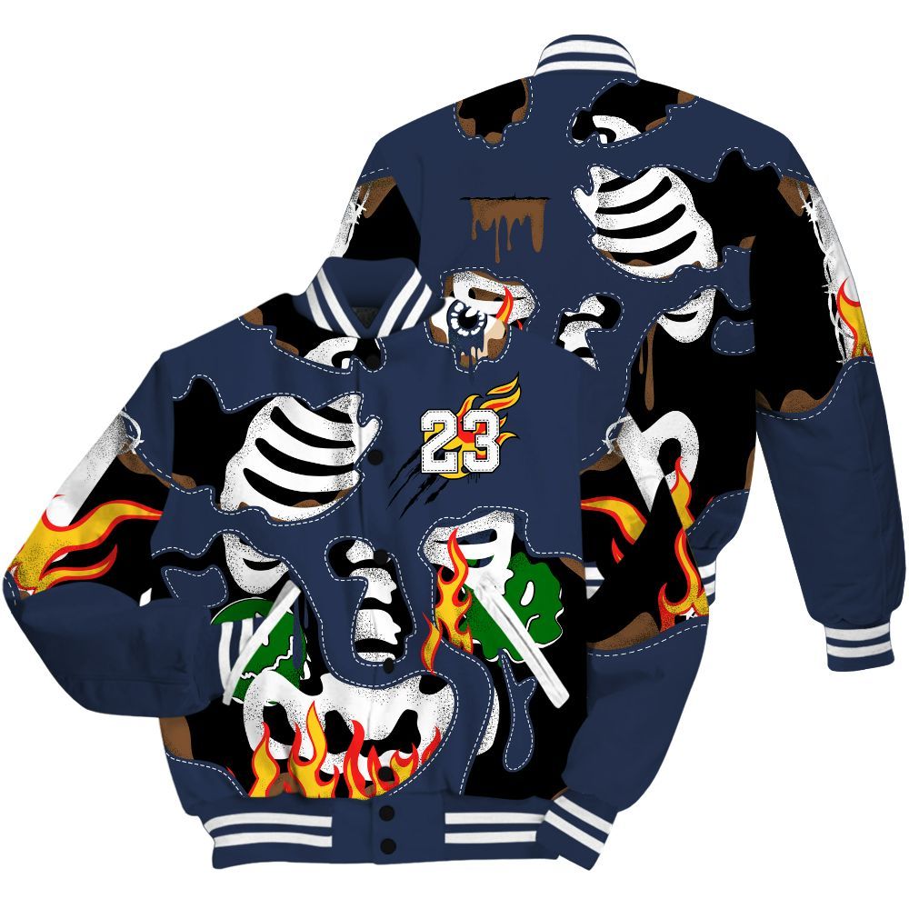 Varsity Jacket To Match Midnight Navy 13s - Skeleton Smile Flame Drip All Over Print